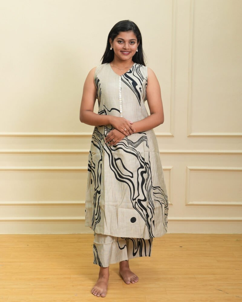 Beige Abstract Printed Sleeveless Kurta with Matching Pant Set