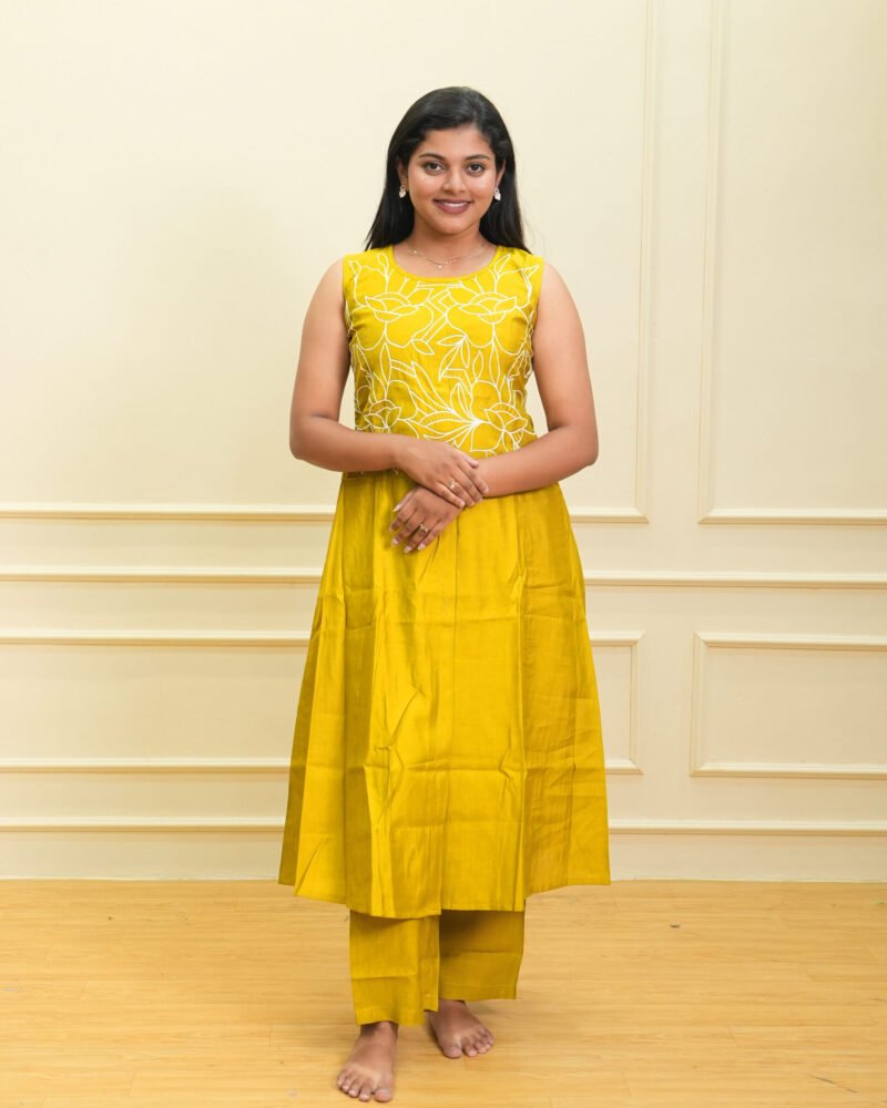Mustard Yellow Sleeveless Embroidered Kurta with Matching Pant Set