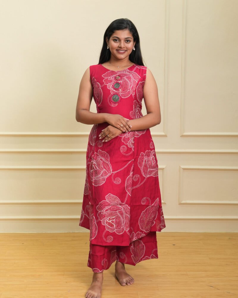 Red Sleeveless Floral Printed Kurta with Matching Pant Set