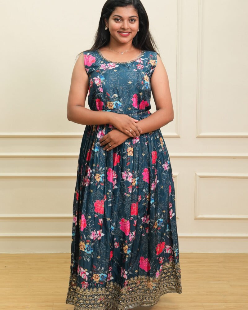 Teal Floral Sleeveless Maxi Dress with Golden Border