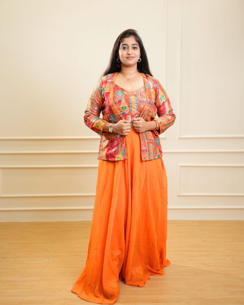 Multicolor Printed Jacket Kurta Set with Orange Palazzo