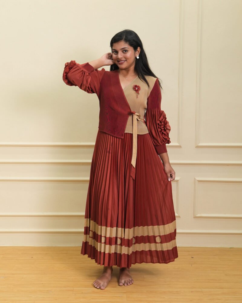 Maroon & Beige Pleated Wrap Maxi Dress