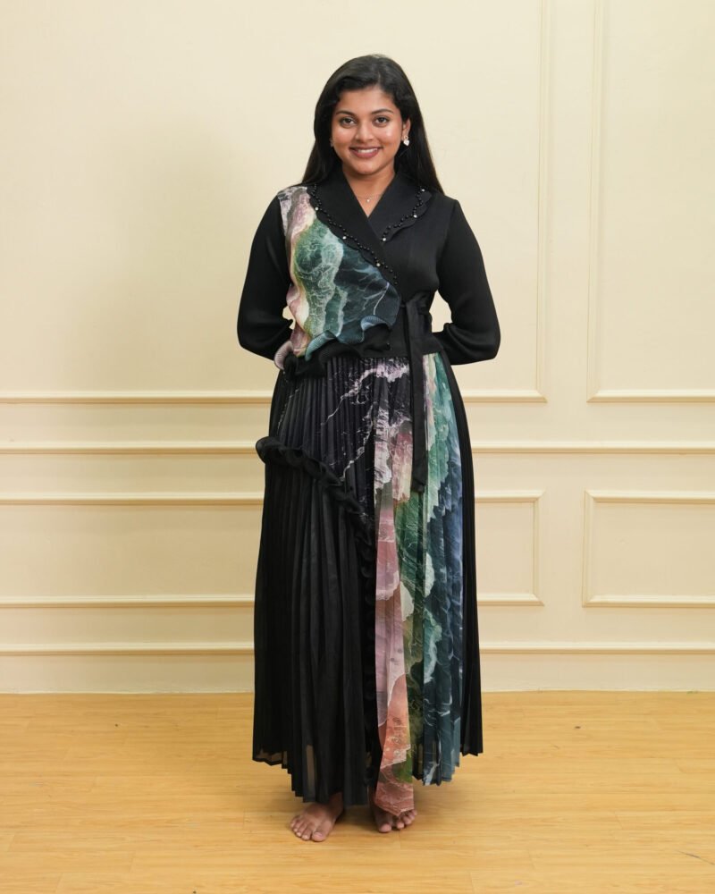 Black Abstract Panel Pleated Maxi Dress