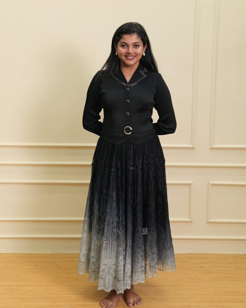 Black Textured Top & Grey Ombre Lace Pleated Maxi Dress