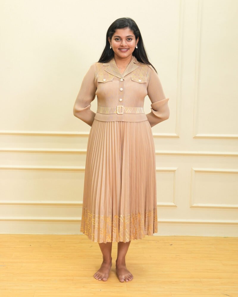 Beige Pleated Belted Midi Dress