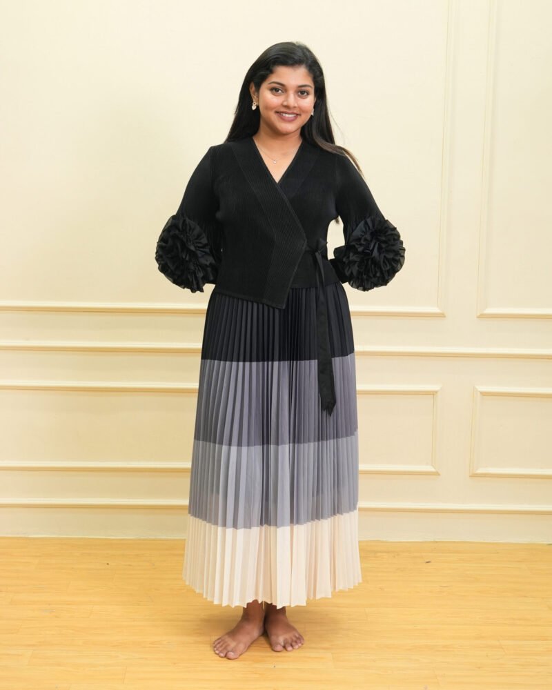 Black Pleated Ombre Midi Dress with Textured Wrap Top