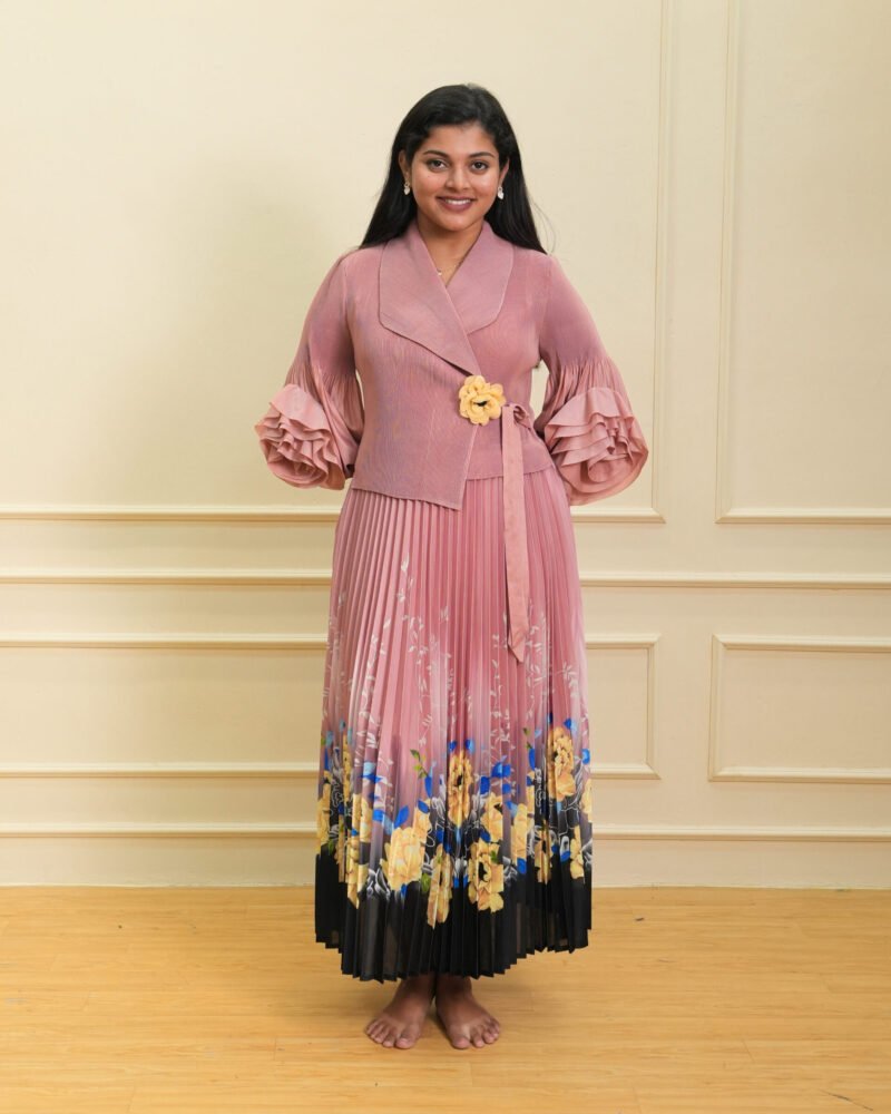 Dusty Pink Textured Wrap Top & Floral Ombre Pleated Maxi Dress