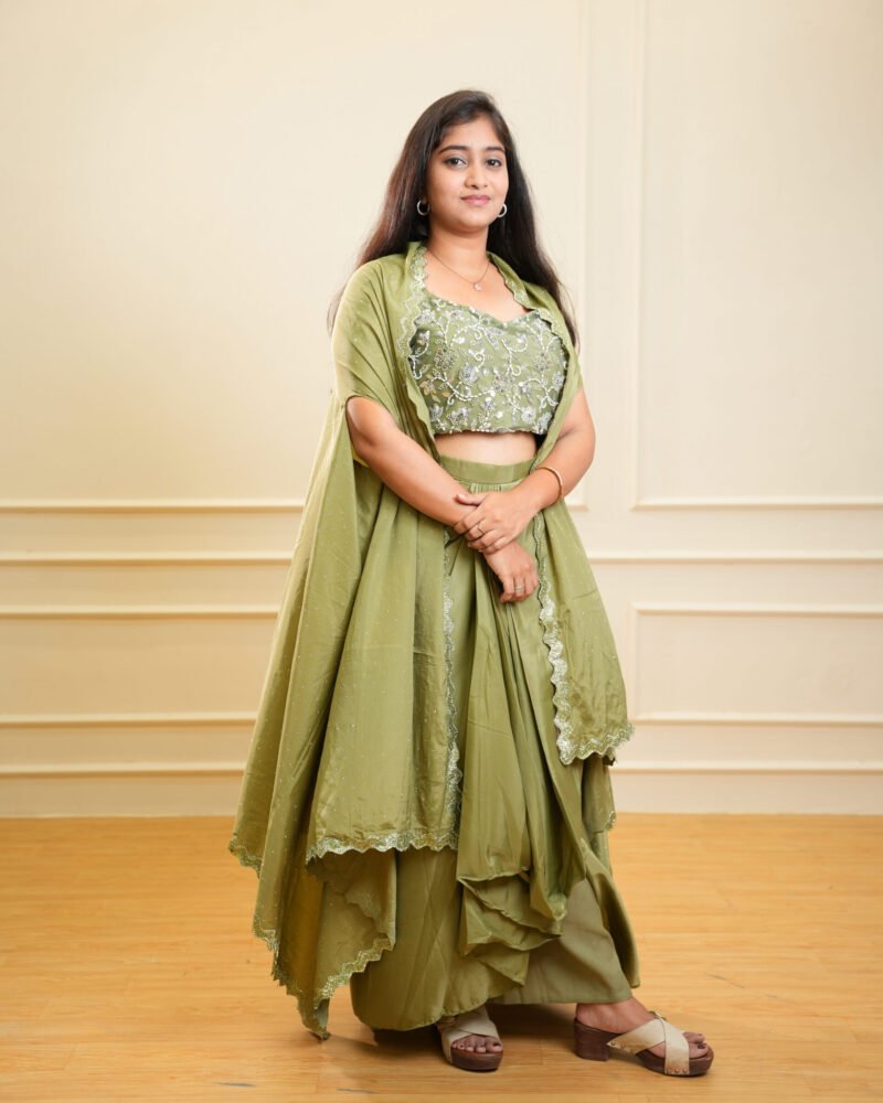 Olive Green Embroidered Lehenga Set with Dupatta