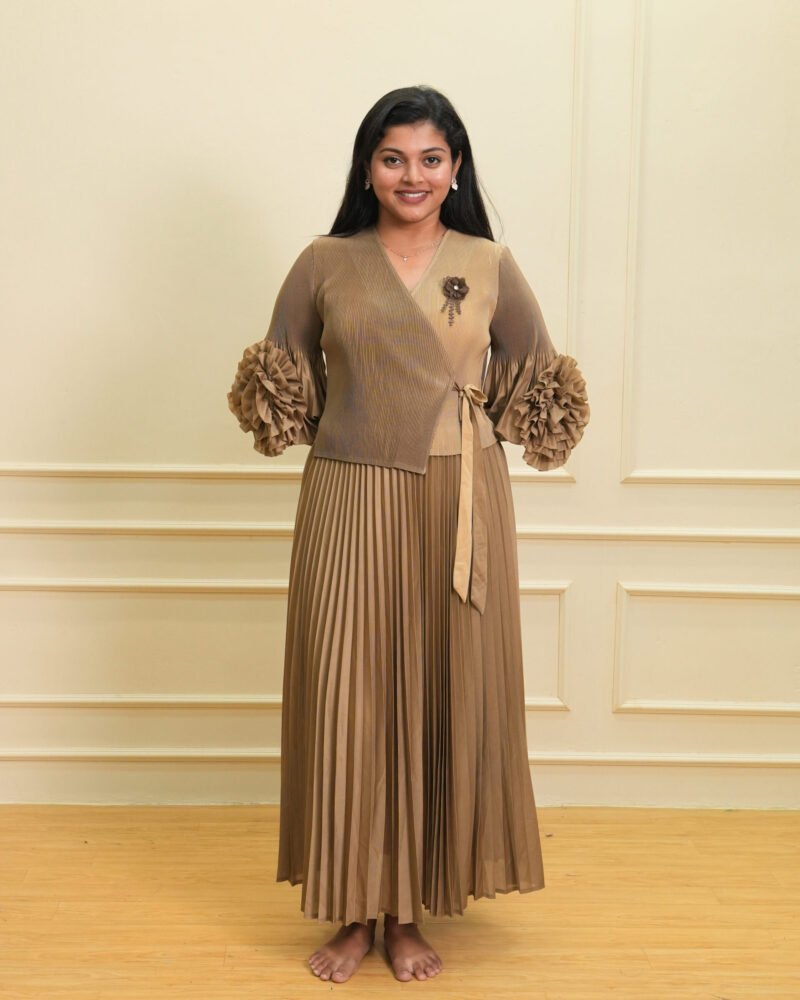 Brown Textured Wrap Top & Pleated Ombre Maxi Dress