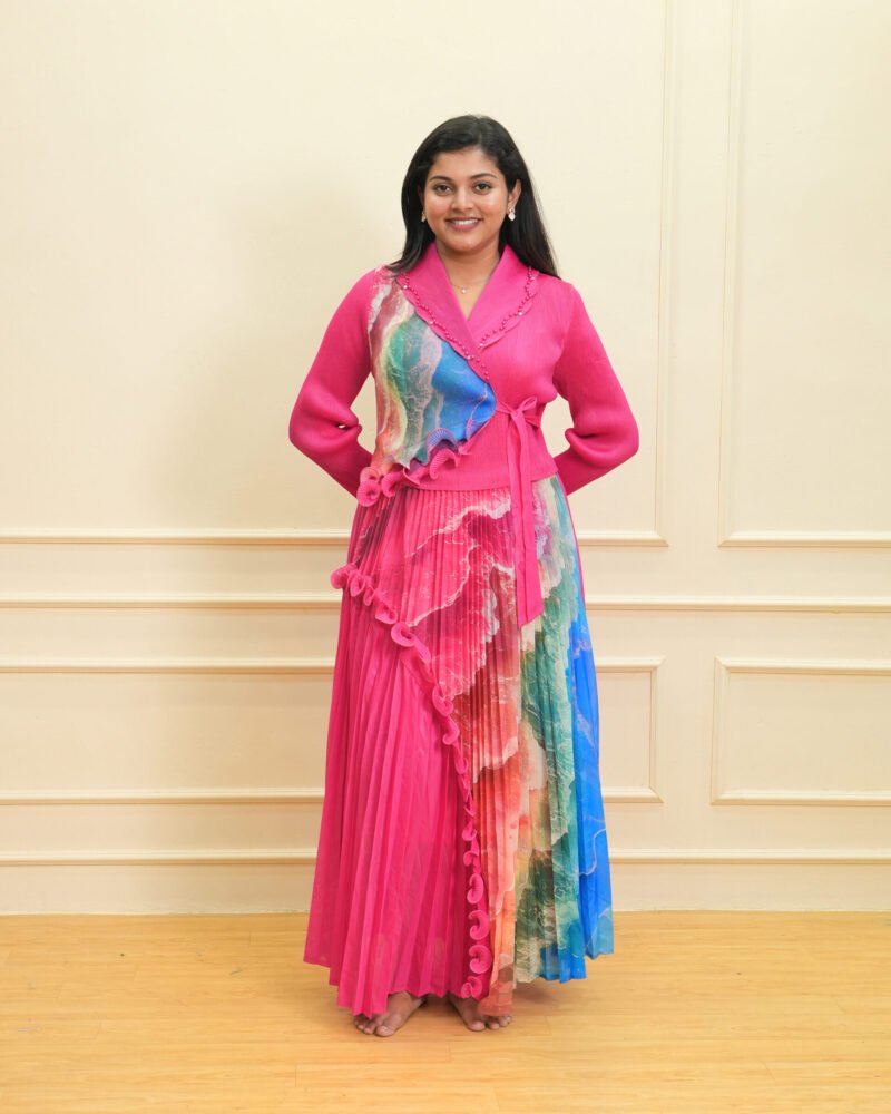 Pink Multicolor Pleated Designer Gown