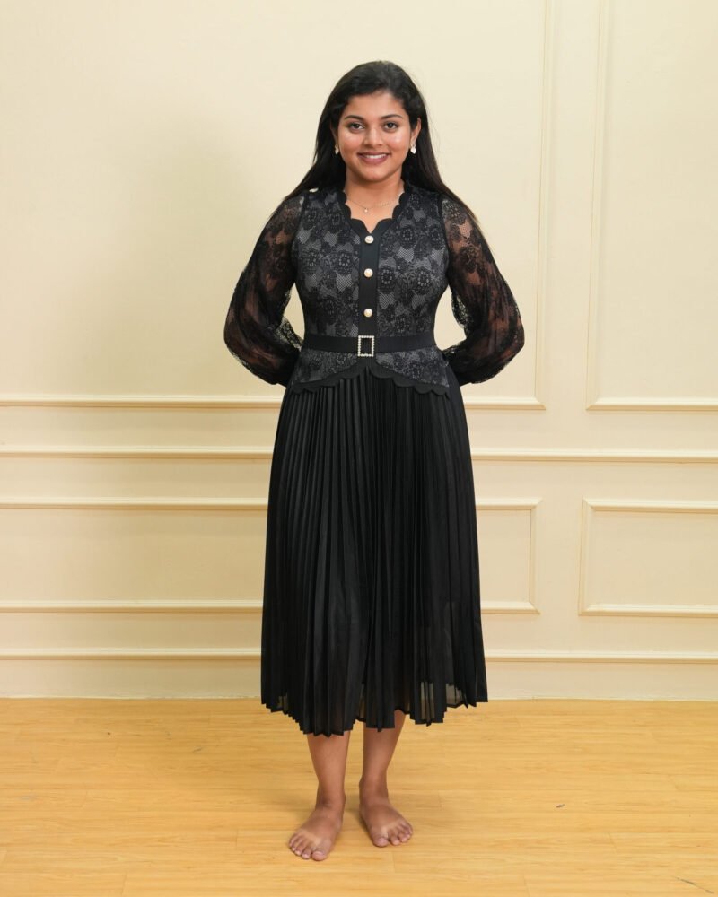Black Lace Bodice & Pleated Midi Dress