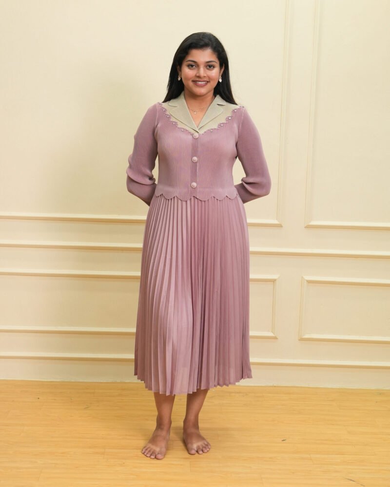 Mauve Textured Button-Down Top & Pleated Midi Dress