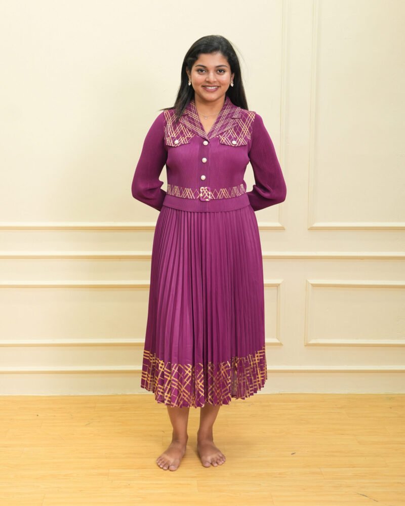 Magenta Textured Button-Down Top & Pleated Midi Dress