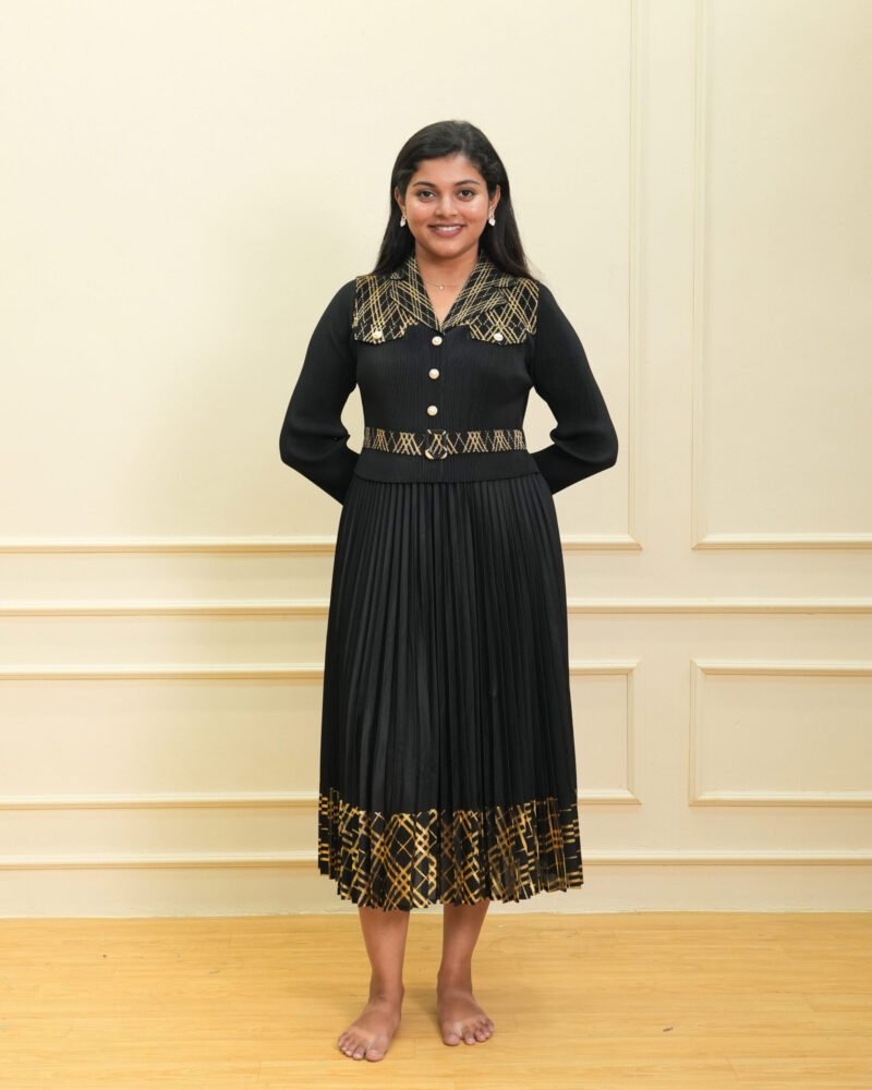 Black Textured Button-Down Top & Pleated Midi Dress with Gold Accents