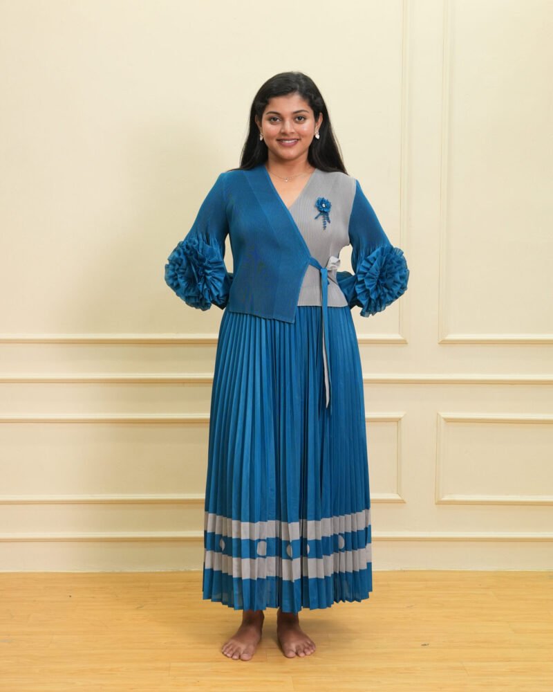 Teal & Grey Textured Wrap Top with Pleated Ombre Maxi Dress