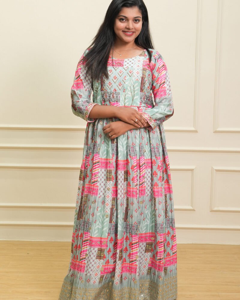 Pastel Green & Pink Printed Ethnic Maxi Dress