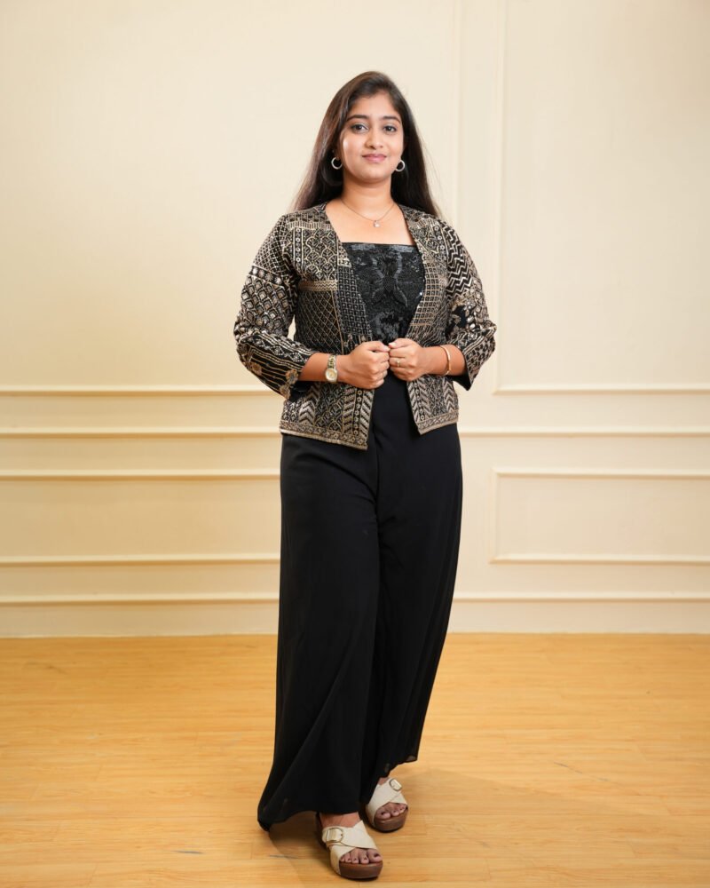 Black Embellished Jacket Top Set with Palazzo