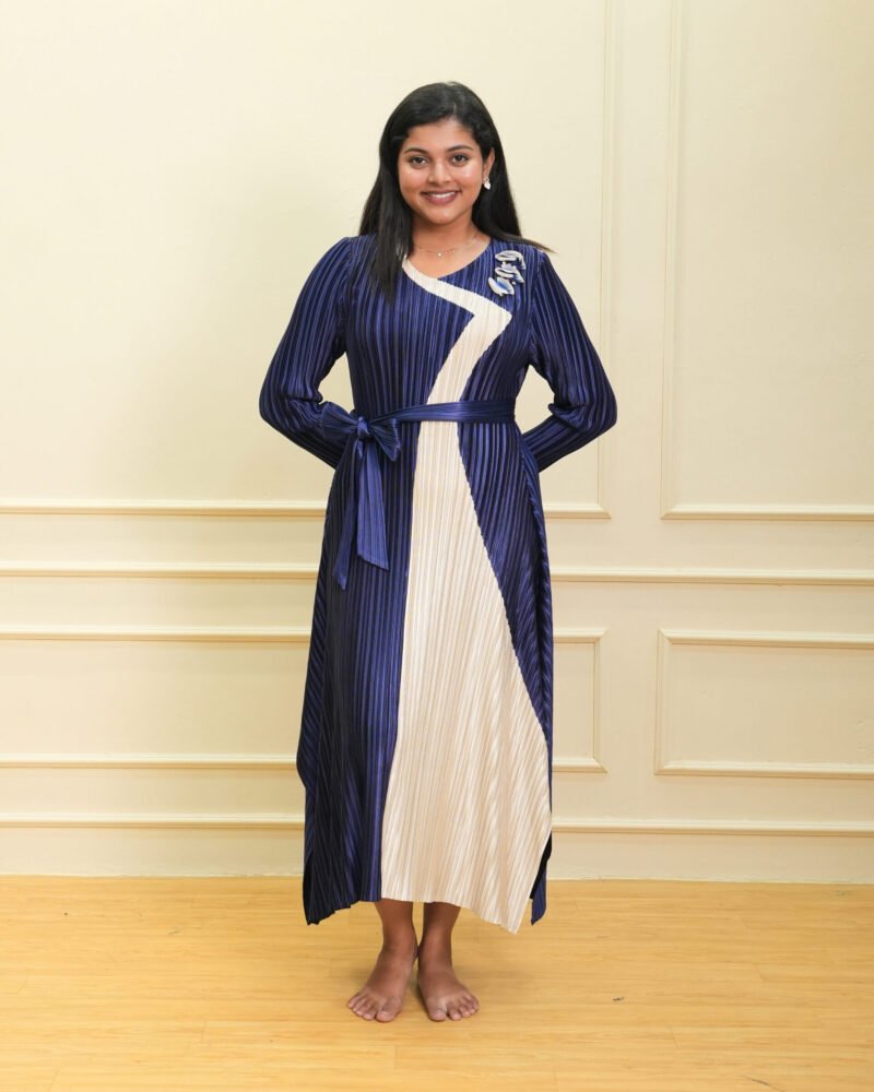Navy Blue & Cream Textured Pleated Maxi Dress