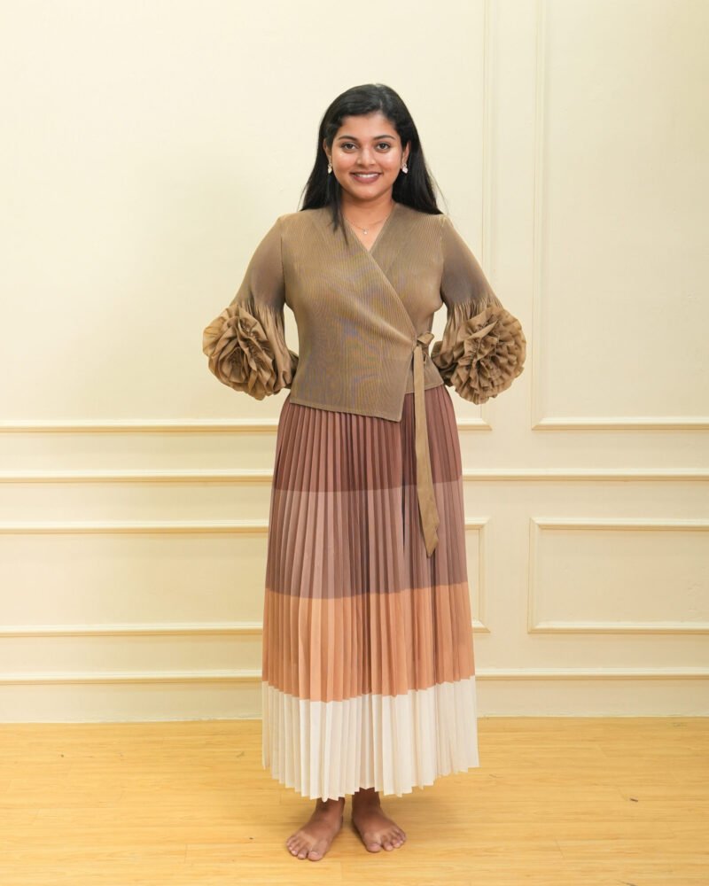 Brown Pleated Multi‑Tone Maxi Dress with Textured Wrap Top