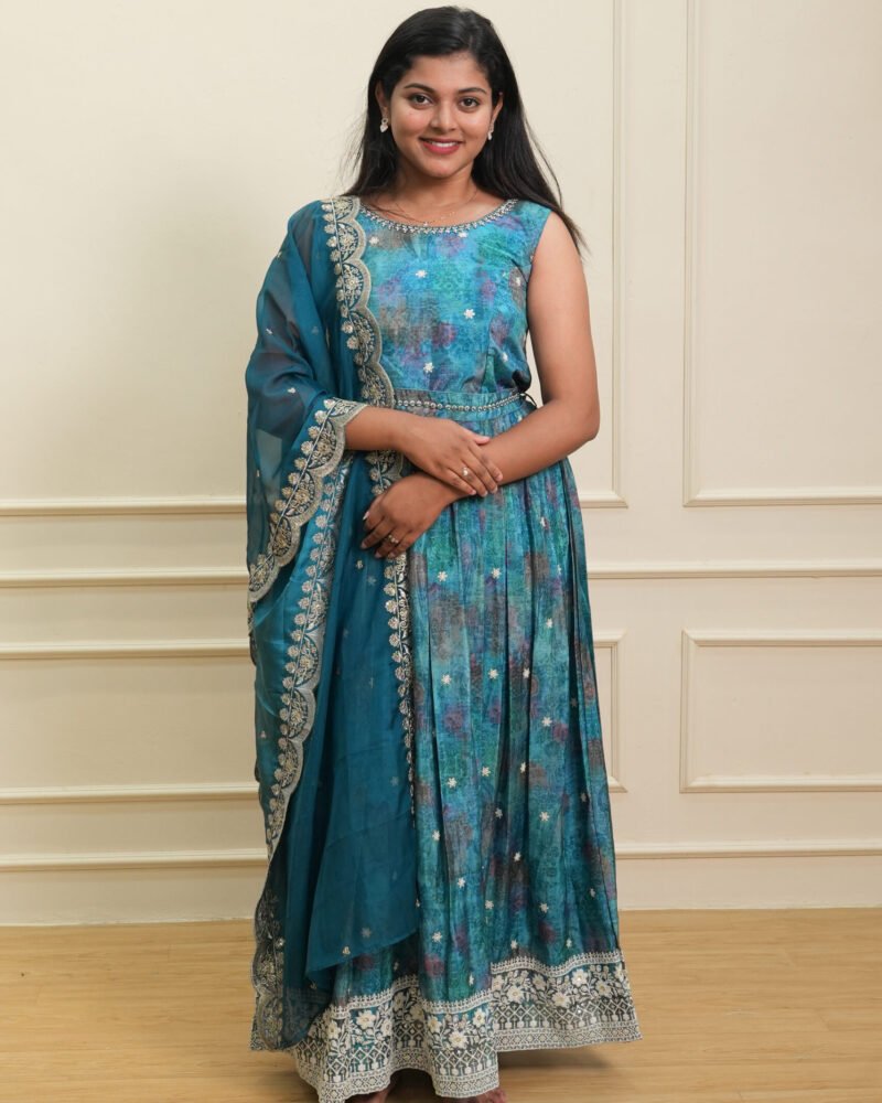 Teal Sleeveless Ethnic Maxi Dress with Embroidered Dupatta