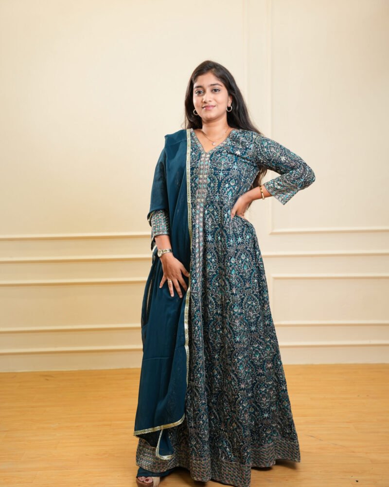 Teal Blue Printed Anarkali Set with Dupatta