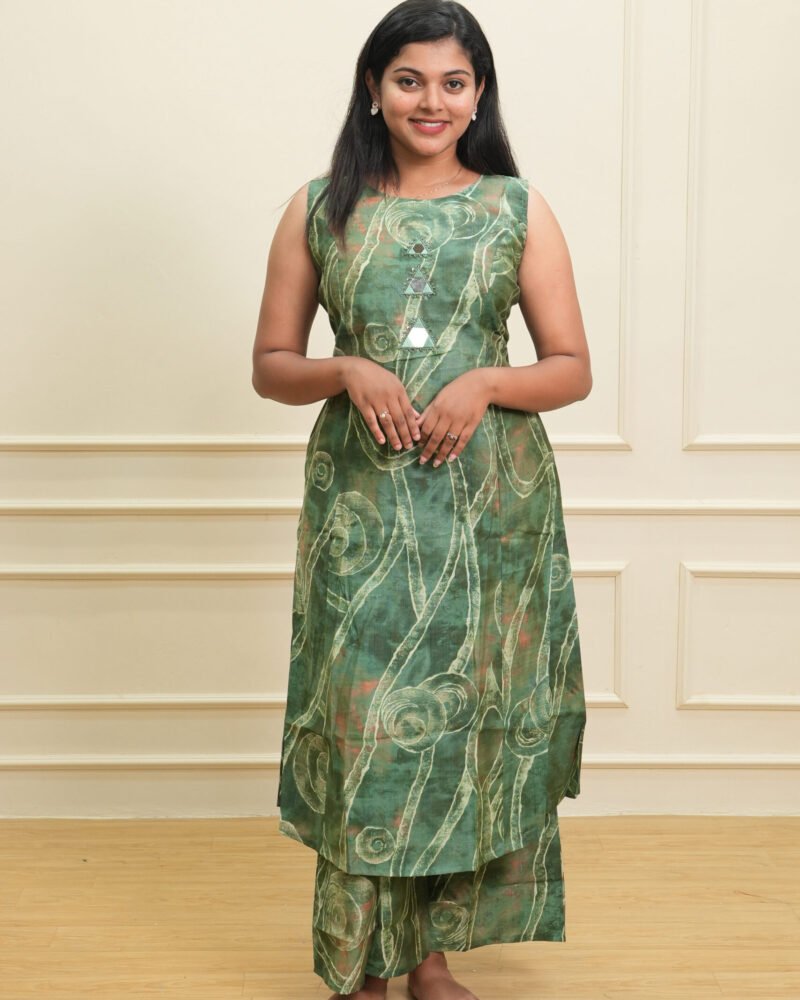 Green Printed Sleeveless Kurta Set