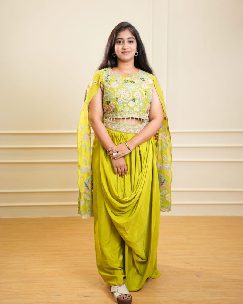 Lime Green Embroidered Dhoti Lehenga Set with Dupatta