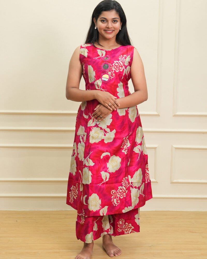 Rani Pink Floral Sleeveless Kurti with Pants Set