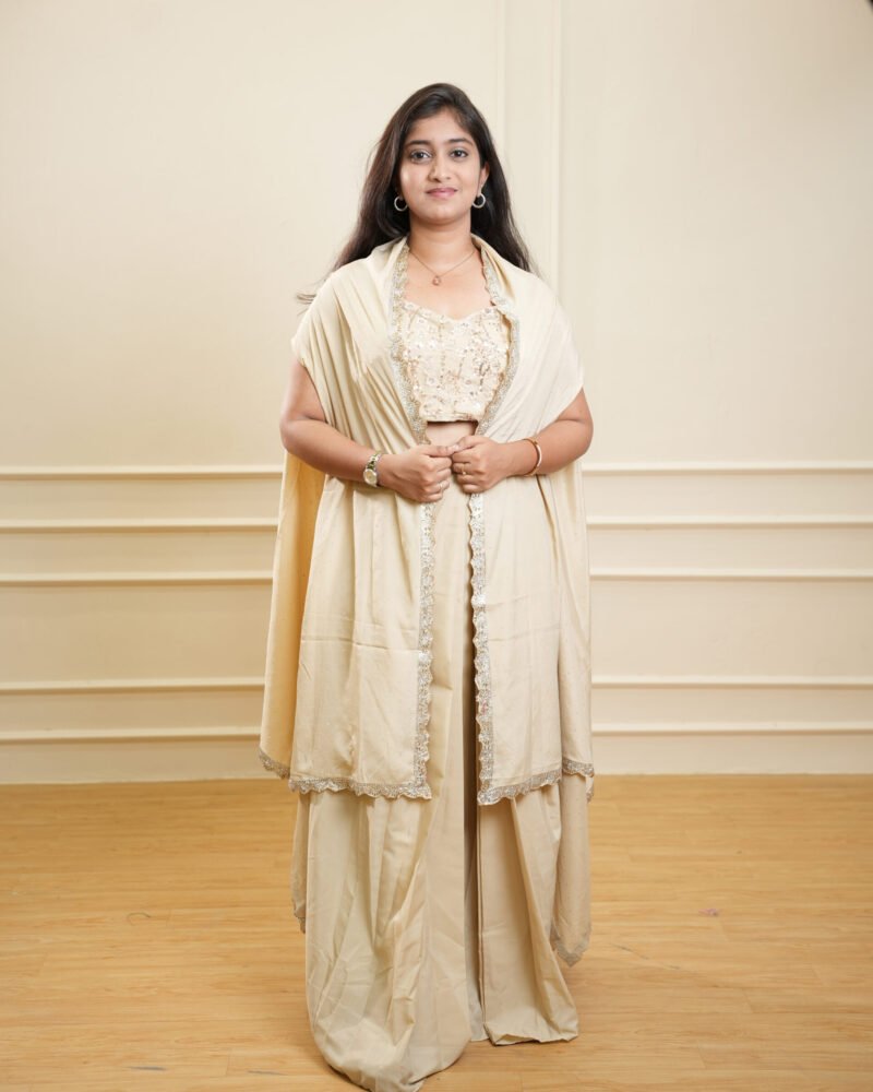 Ivory Embroidered Jacket Crop Top Set with Palazzo