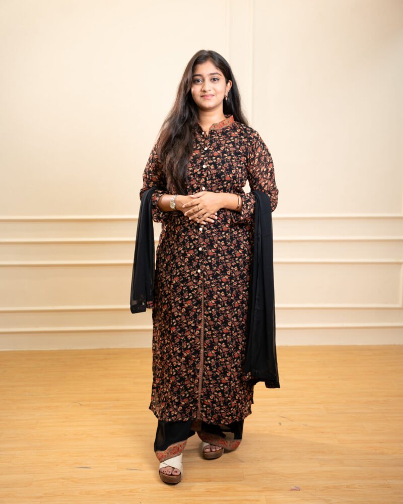 Black Floral Printed Kurta Set with Dupatta