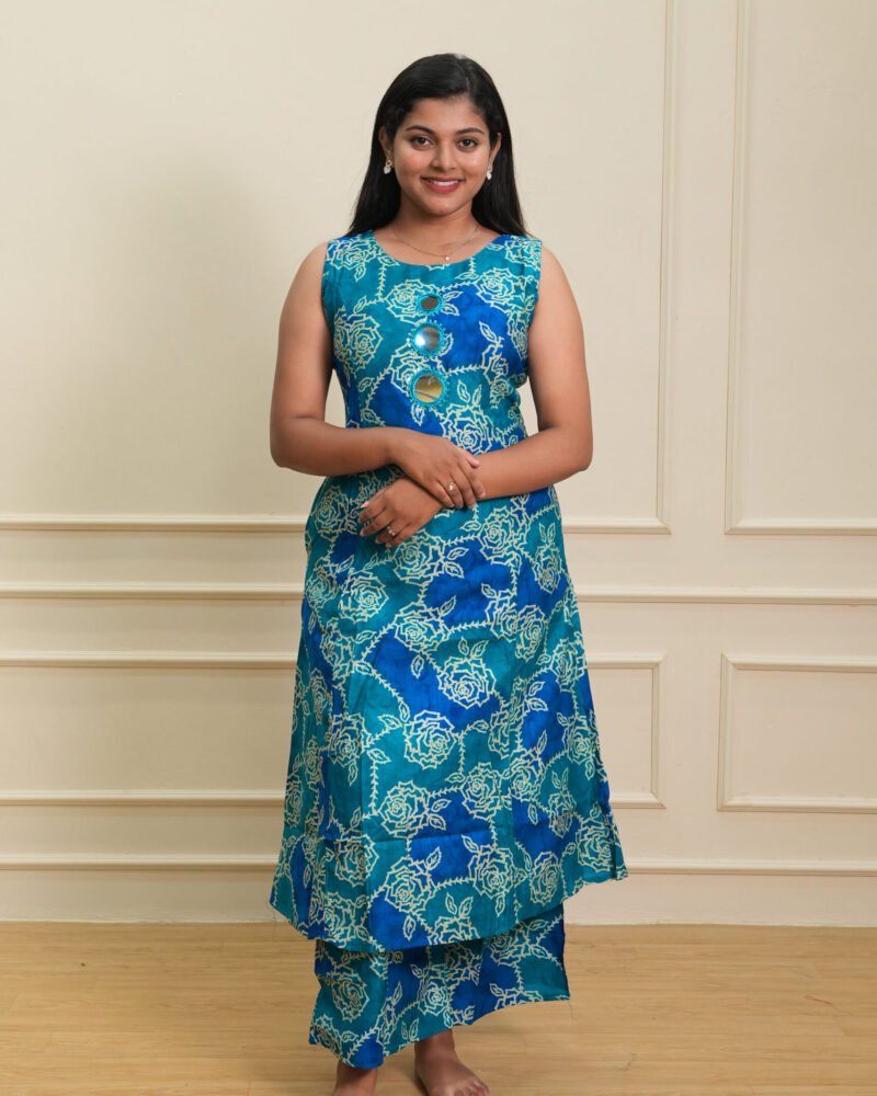 Blue Abstract Printed Sleeveless Kurti with Pants Set