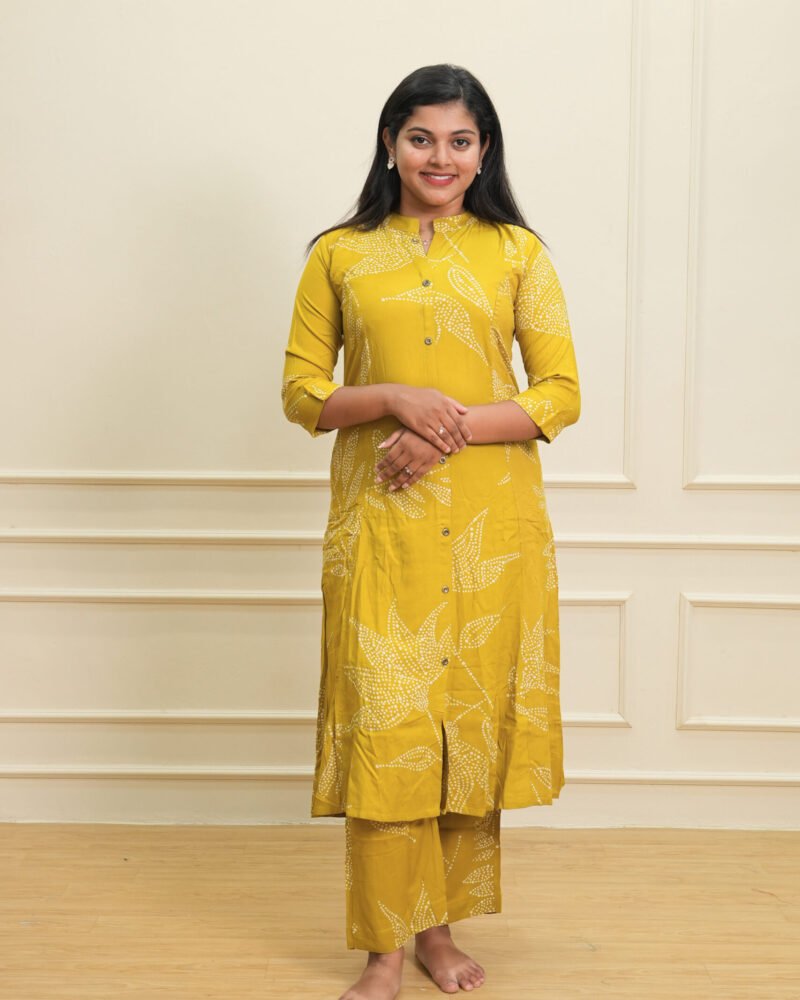 Mustard Yellow Printed Cotton Kurti with Pants Set