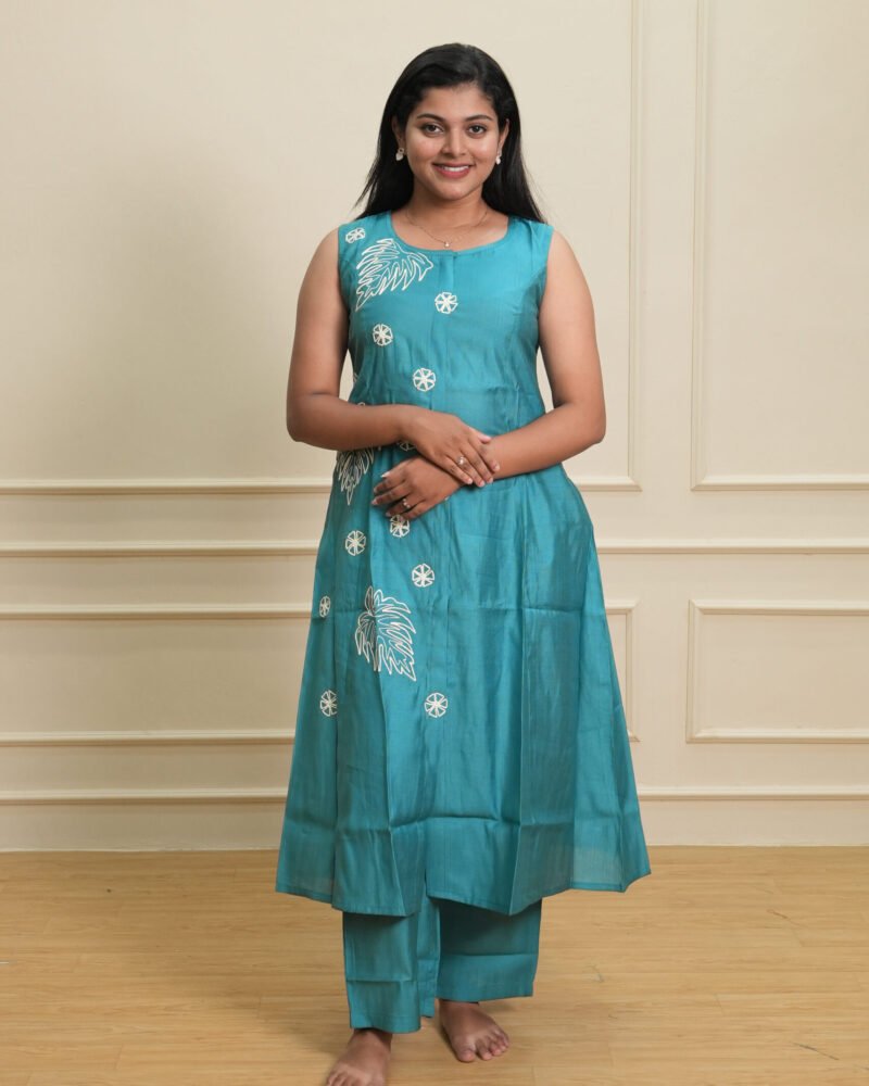 Teal Blue Sleeveless Printed Kurti with Pants Set