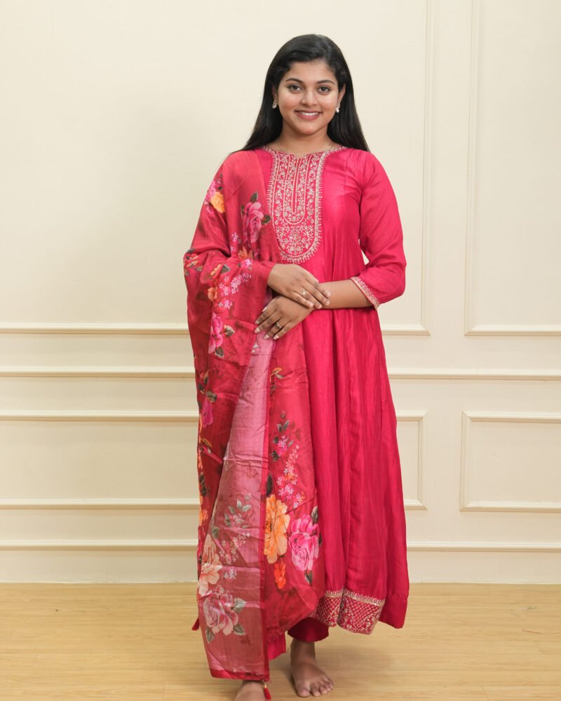 Rani Pink Embroidered Suit Set with Floral Dupatta