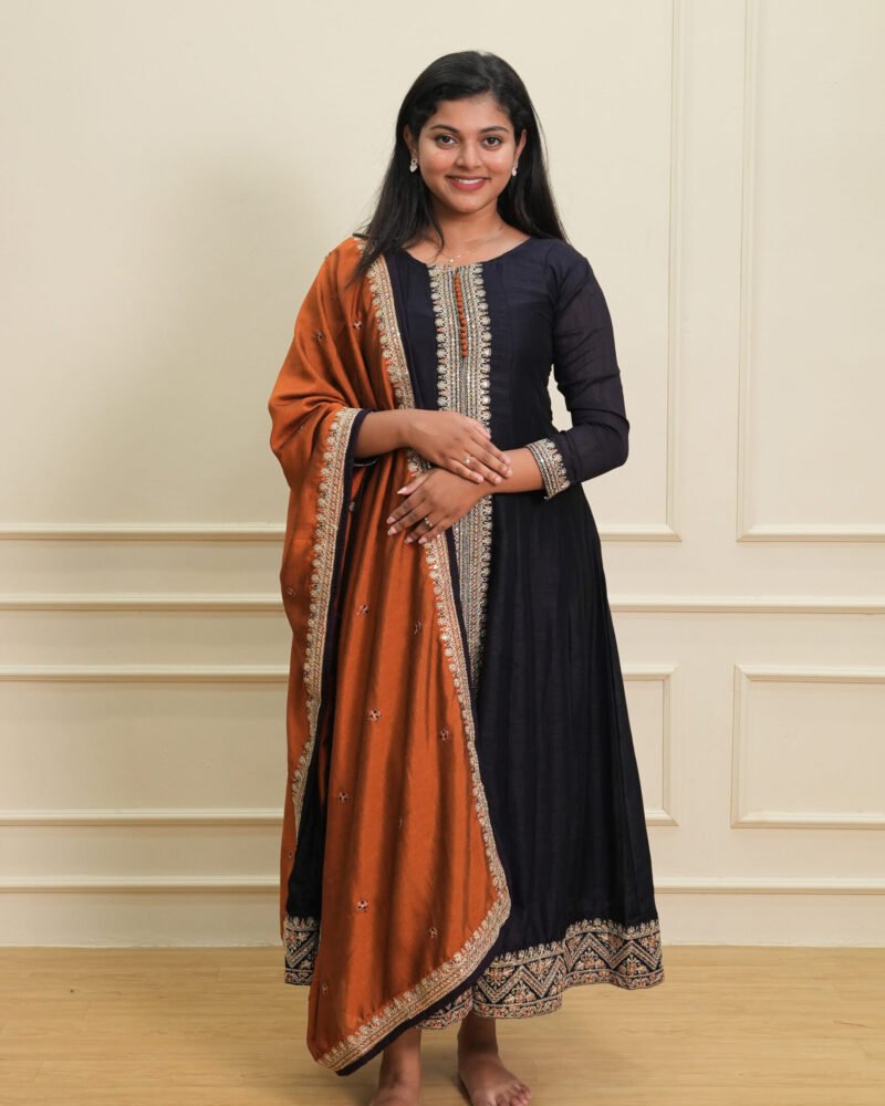 Navy Blue Embroidered Suit Set with Rust Dupatta