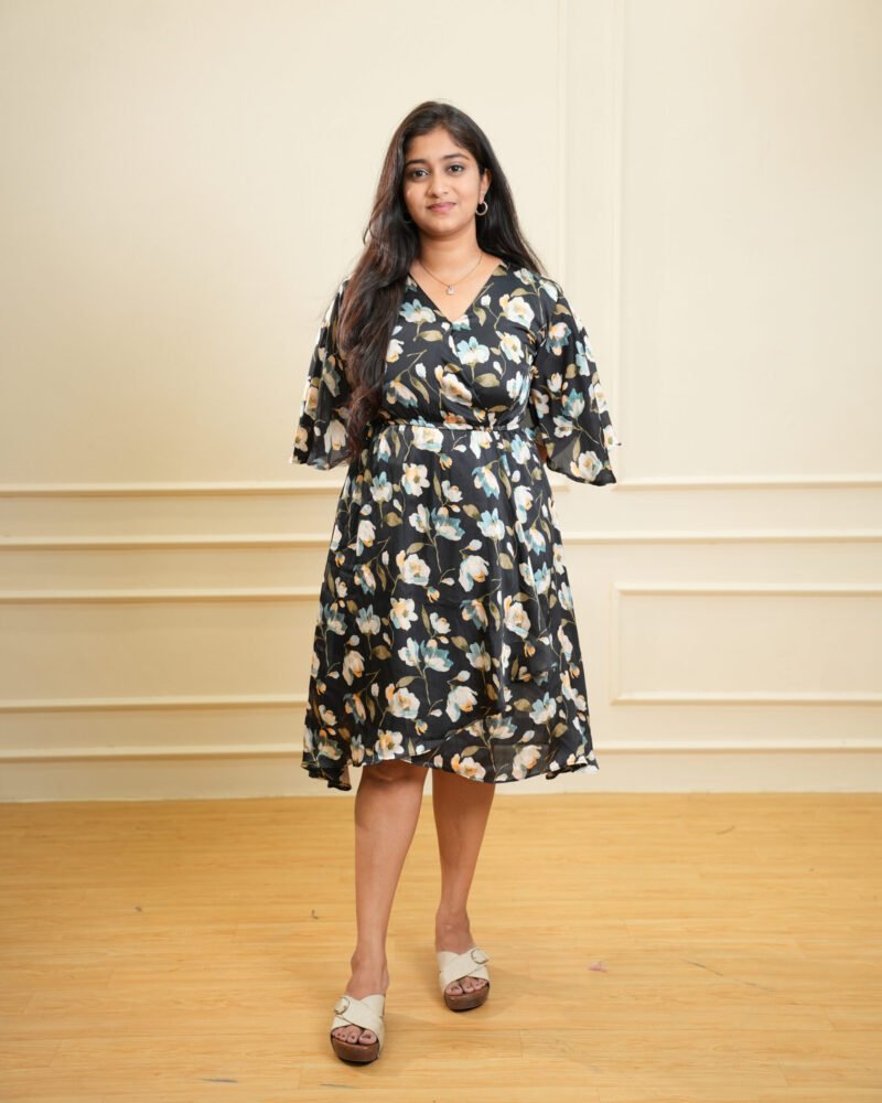 Black Floral Printed Midi Dress