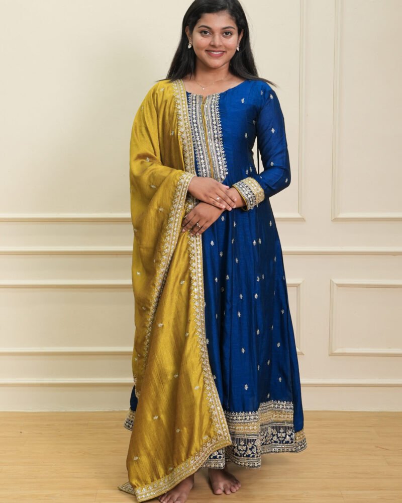 Royal Blue Anarkali Suit Set with Mustard Dupatta