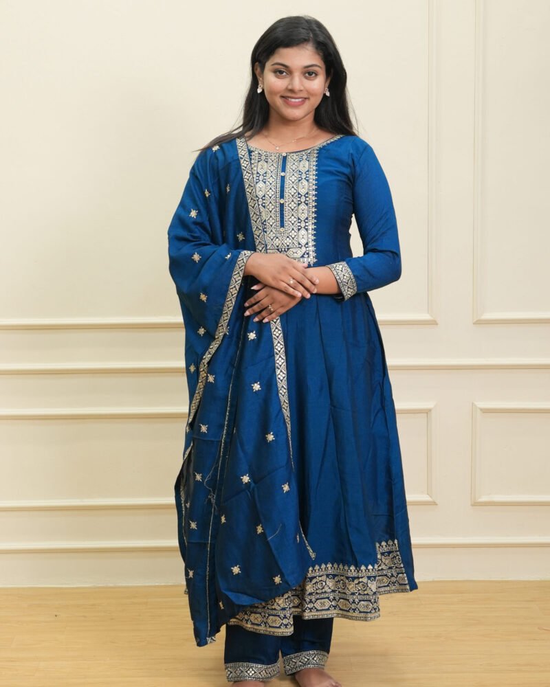 Royal Blue Embroidered Suit Set with Dupatta