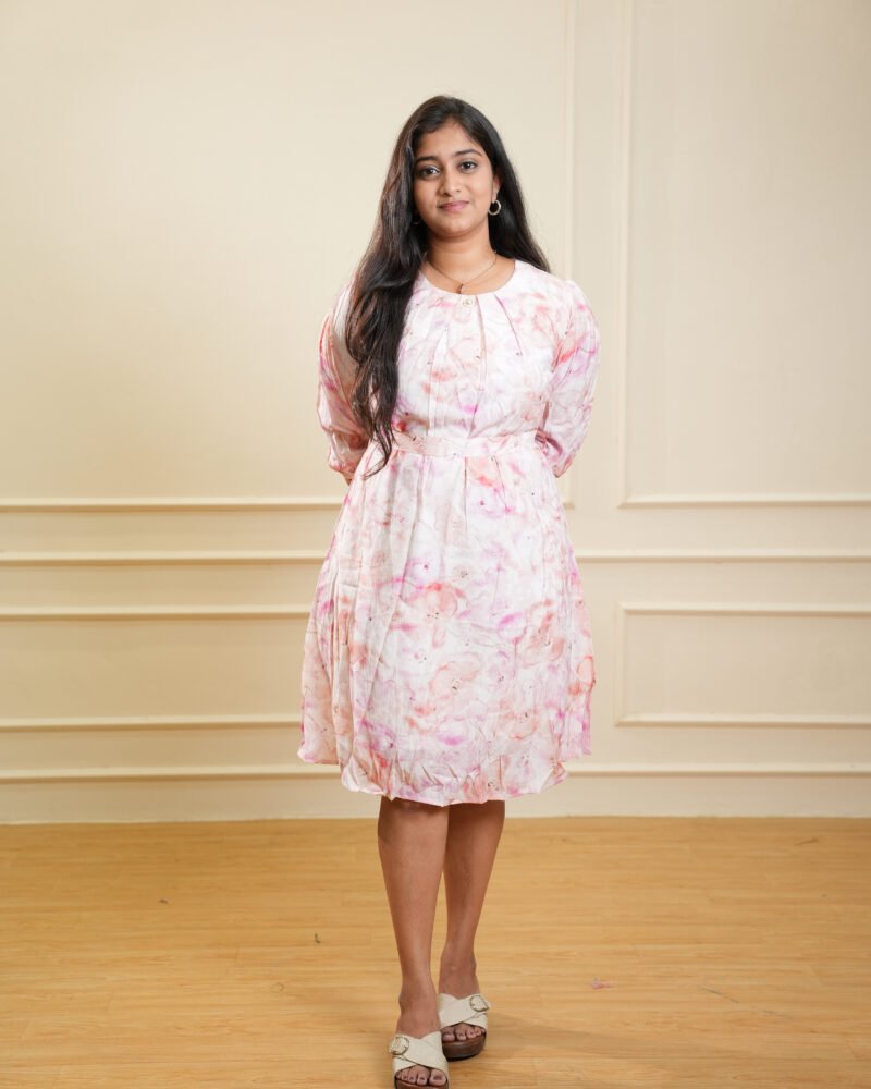 Light Pink Floral Printed Knee‑Length Dress