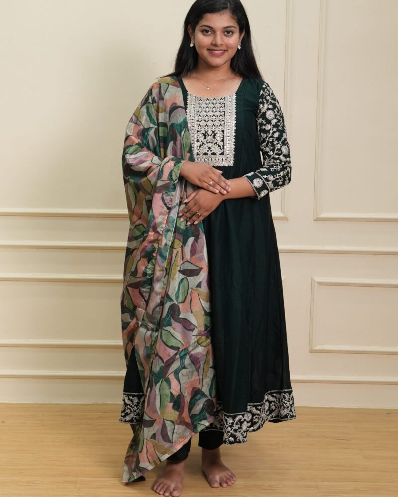 Dark Green Embroidered Suit Set with Printed Dupatta