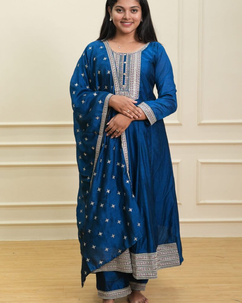 Navy Blue Embroidered Anarkali Suit Set with Dupatta