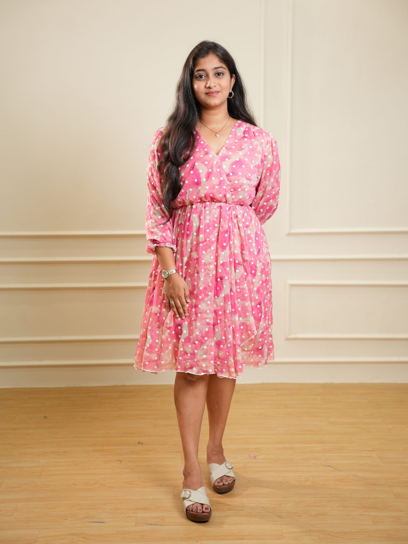 Rose Pink Polka Dot Knee‑Length Dress