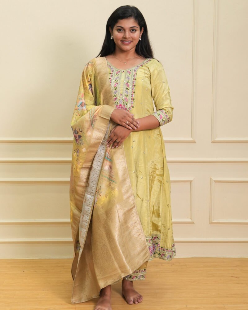 Pastel Yellow Embroidered Anarkali Suit Set with Dupatta