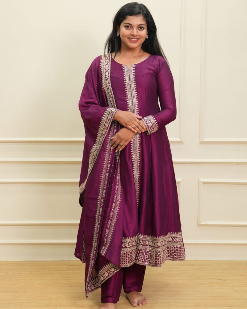 Wine Purple Embroidered Anarkali Suit Set with Dupatta
