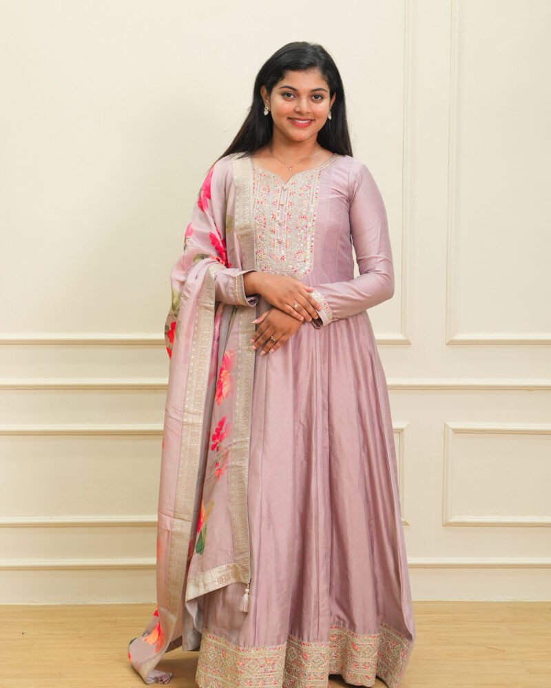 Dusty Lavender Embroidered Anarkali Suit Set with Dupatta