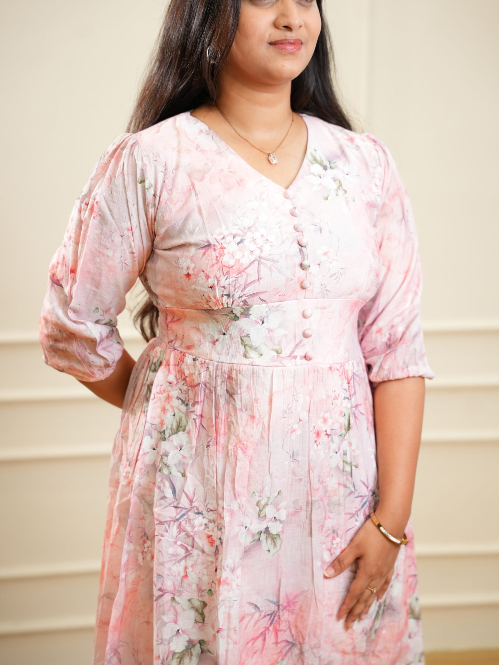 Soft Pink Floral Printed Knee‑Length Dress - Image 2