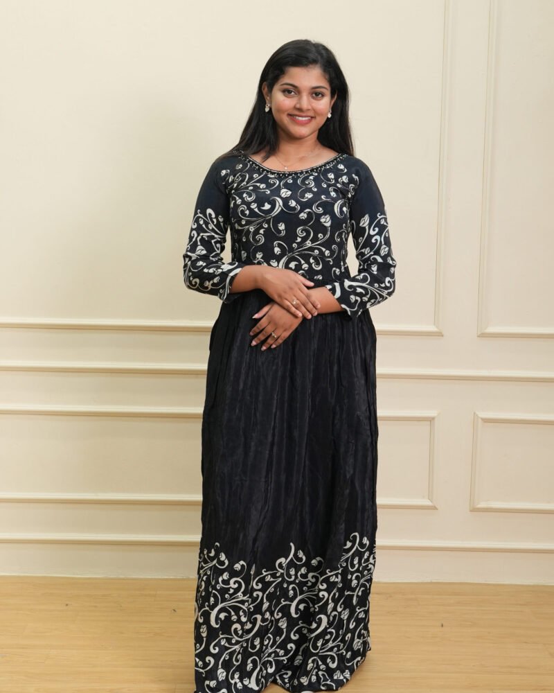 Black Long Maxi Dress with White Floral Embroidery
