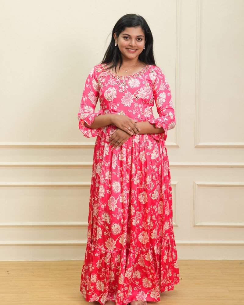 Pink Floral Printed Long Maxi Dress