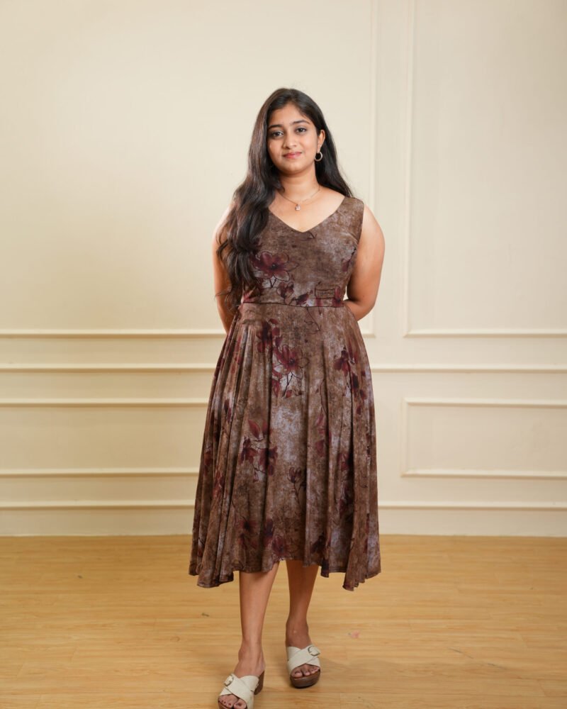 Brown Floral Printed Sleeveless Midi Dress
