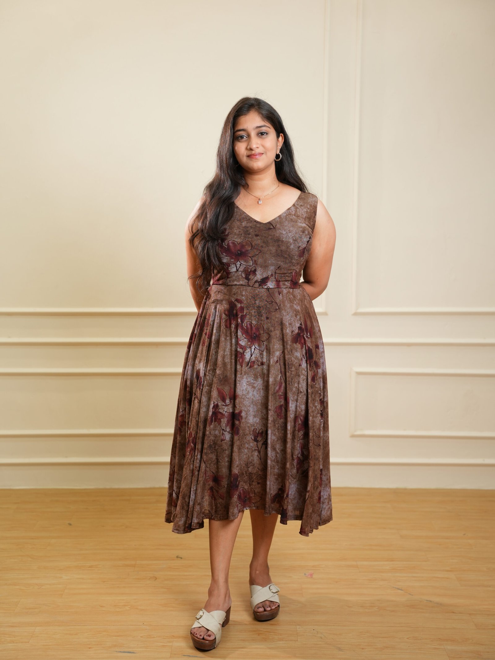 Brown Floral Printed Sleeveless Midi Dress